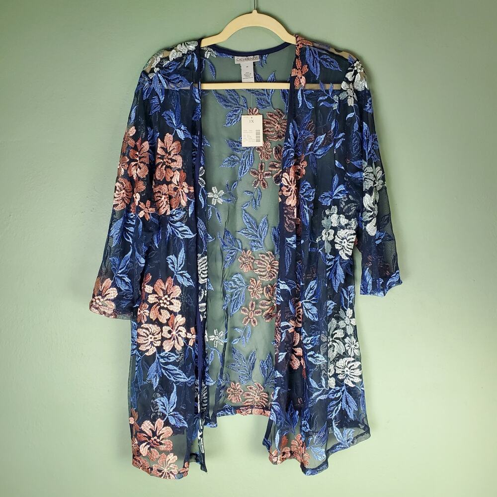Catherines Womens Blue Sheer Mesh Floral Embroidered Open Front Kimono Size 1X